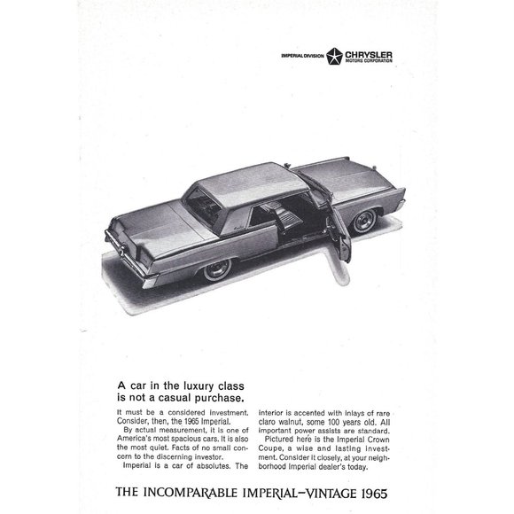 Chrysler 1965 Imperial Vintage Car Vintage Print Ad 9 inch Tall - Picture 1 of 4